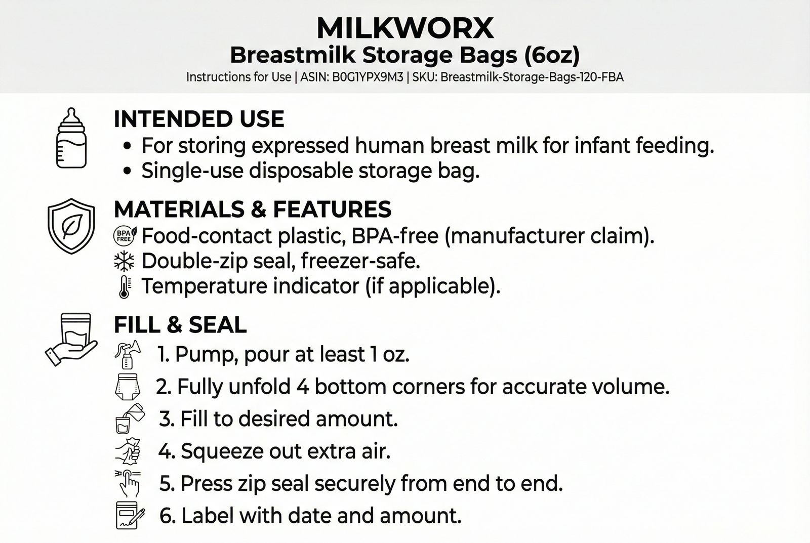 MILKWORX breastmilk storage bags packaging with instructions and product details.